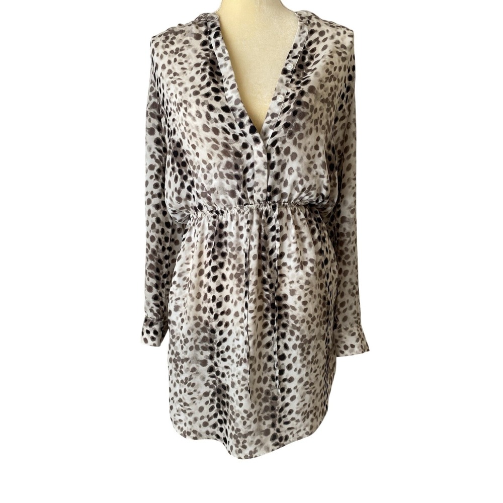 APT. 9 Beige Brown Black Animal Print Shirt Dress XS V-Neck Long Sleeve Short